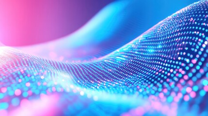 Wall Mural - Abstract digital waves in blue and pink colors with glowing particles.
