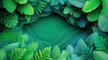 Wall Mural - vibrant green leaves forming a natural frame, textured and layered design.