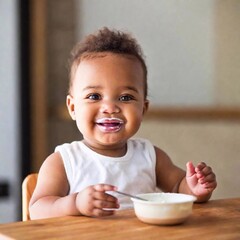 Wall Mural - cute little baby boy eating yogurt in the kitchen.