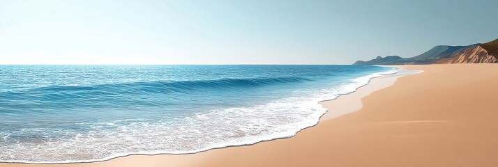 Wall Mural - Calm ocean waves gently lapping on a serene sandy beach under a clear sky.