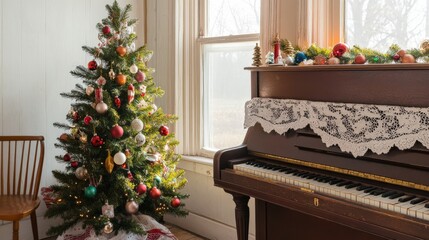 Wall Mural - Cozy christmas living room with decorated tree and classic piano