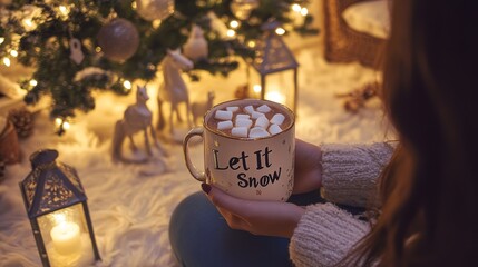 Wall Mural - Cozy christmas scene with hot chocolate and marshmallows by candlelight