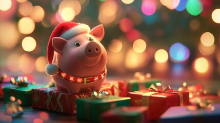 Poster - A piggy bank, wearing a red Santa hat and a red and white collar, sits atop a red gift box. The piggy bank is looking up at the background of colorful Christmas lights.