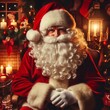 © Eggy - Traditional Santa Claus in his Chair - Christmas House during the Holiday Season with Santa - Warm with Fireplace with Socks and cup Hot Chocolate - Decorated Christmas Tree