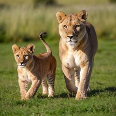 Sticker - A full shot photo of a lioness leading her cubs across a grassy plain, deep focus capturing the familial bond and protective posture, low-angle shot showing the full body of the lioness in a nurturing