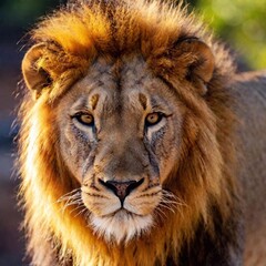 Sticker - A close-up photo of a lion with sunlight catching its mane, deep focus on its calm expression and the golden light reflecting in its eyes, eye-level shot portraying a serene and majestic mood