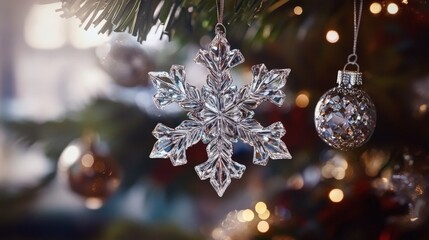 Wall Mural - Crystal snowflake ornament on christmas tree with holiday decorations