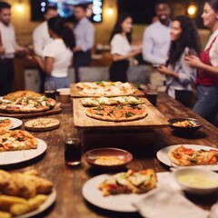 Wall Mural - an extreme long shot of a party scene with a large table covered in a spread of junk food like pizza, wings, sliders, and various desserts. Show the full party setup including decorations and guests e