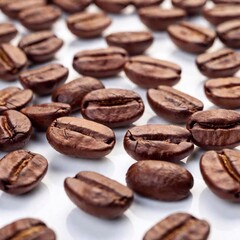 Wall Mural - A high-resolution ultrarealistic image captures a multitude of coffee beans spread across a pristine white background. The beans, various shades of rich brown, exhibit lifelike textures and detailing,