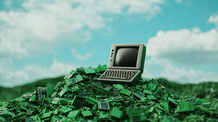 environmental impact concept. Old computer on pile of e waste, symbolizing tech recycling and innovation