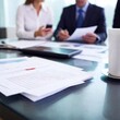 © LIGHTFIELD STUDIOS - A high-resolution ultrarealistic image, photographed in a modern office setting. The foreground features a close-up of a desk with a laptop, a printed bar graph, a pen, and a takeaway coffee cup with
