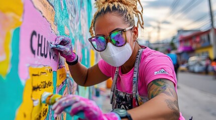 A street artist, wearing a mask and sunglasses, is intensely focused while painting a colorful and dynamic mural against an urban backdrop, showcasing creativity and culture.