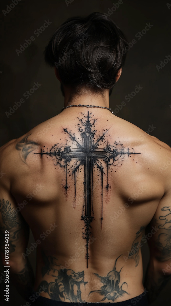 black ink cross tattoo on men's back, cross tattoo with detailed ...