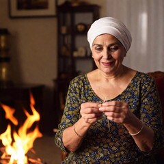 A medium close-up of an elderly Arabian woman knitting, with deep focus on her face, the knitting needles, and the crackling fire, taken from a dutch angle to add visual interest.