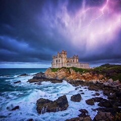 Wall Mural - A wide expanse of a glowing magic castle overlooking a stormy sea, with waves crashing against the rocky shores below. The rack focus emphasizes the foamy water in the foreground, blurring slightly as