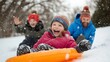 © fotofabrika - A girl laughs as she sleds down a snowy hill with her family on a winter day