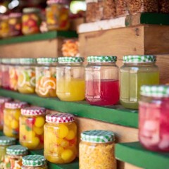 Wall Mural - Colorful jars filled with vibrant candies and drinks displayed during a sunny afternoon at a local market