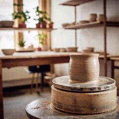 Wall Mural - Long shot of a serene workshop atmosphere, showcasing a potter's wheel and clay in focus, with the cozy surroundings blurred in the background using rack focus. 