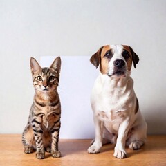 Poster - cat and dog against background with empty clear mockup poster