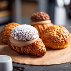 Wall Mural - A low-angle view of a bakery where pastries have unexpected shapes croissants shaped like crescents and macarons in the form of planetsfocusing on a whimsical cake that defies gravity.