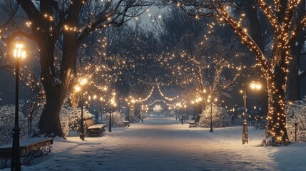 Wall Mural - Enchanting winter park with twinkling lights and snow-covered pathway