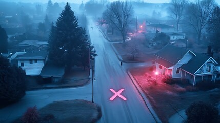 Wall Mural - A lonely, foggy street with a pink cross painted on the asphalt.