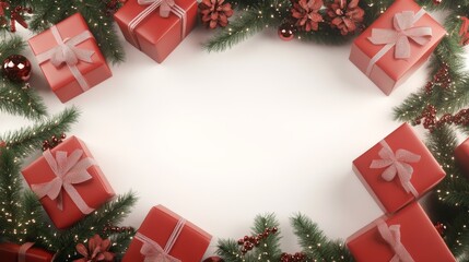 Wall Mural - Festive christmas border with red gift boxes and greenery on white background