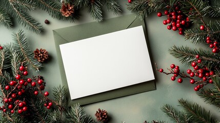 Wall Mural - Festive christmas card mockup with pine branches and red berries