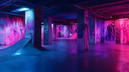 Wall Mural - Cryogenic chamber converted to skate paradise, hologram halfpipes, quantum decay graffiti, neon tribal gathering