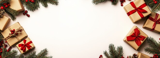 Wall Mural - Festive holiday background with wrapped gifts and evergreen branches