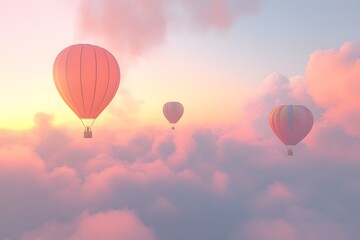  aerial view of hot air balloons on the peaceful sky with clouds and sunrise in the background, representing travel, adventure, freedom and floating