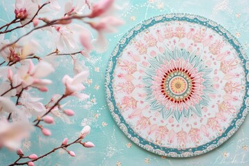 Wall Mural - A stunning mandala design surrounded by delicate pink blossoms on a soft blue background, creating a tranquil floral scene.