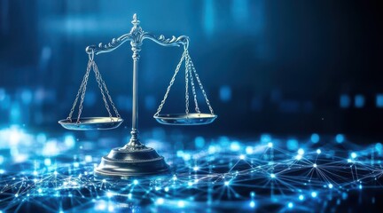 Classic scales of justice against a futuristic blue digital network background, symbolizing the intersection of law and technology.