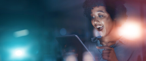 Fototapete - Banner, tablet and wow with black woman designer in office at night for web development. Business, flare and surprise with excited or happy employee in creative workplace for project milestone