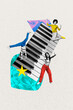 © deagreez - Vertical photo collage of three happy girls dance jump together piano instrument occasion disco music event isolated on painted background