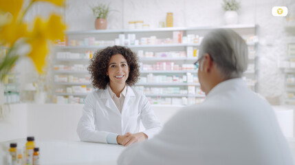 Wall Mural - Smiling female latin american pharmacist standing in pharmacy with shelves of medicine in background