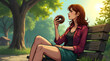 © Tamas - A Woman Savoring a Chocolate Donut While Seated on a Wooden Bench in the Sunlight
