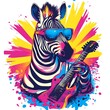 © Raffaza - Cool zebra wearing sunglasses and playing guitar on a colorful background.