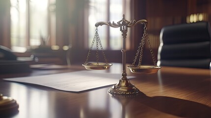 A beautifully crafted brass scale of justice sits prominently on a polished wooden desk, bathed in warm, natural light.