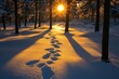 © Kenny - Golden sunset over snowy forest with footprints leading through trees