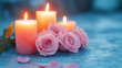 © thanakrit - Softly Glowing Candles Surrounded by Delicate Pink Roses on a Calm Tabletop, Evoking a Romantic and Serene Atmosphere for Any Occasion