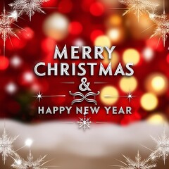 Wall Mural - Merry Christmas and Happy New Year Greeting with Snowflakes and Bokeh Lights