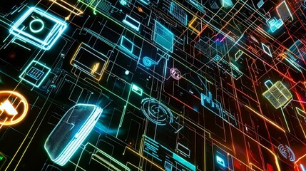 Abstract digital background with glowing lines and icons. (1)