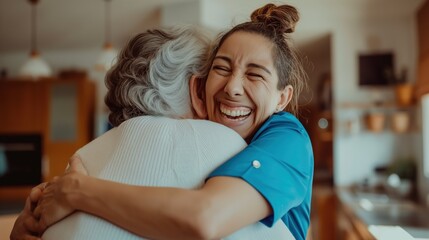 Wall Mural - A home health care worker assists an elderly woman in her home - Giant happy hug
