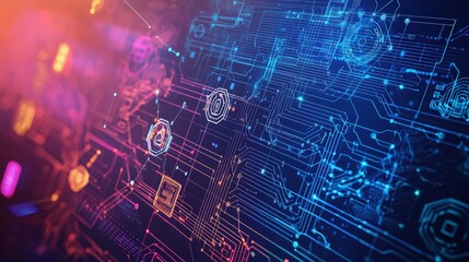 Abstract digital technology background with glowing lines and circuits.