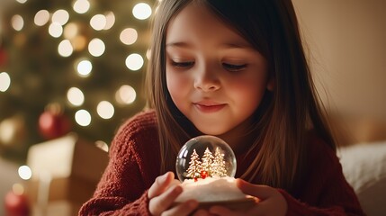 Wall Mural - A young girl admires a snow globe by a Christmas tree