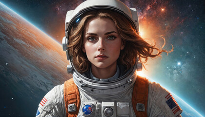 Wall Mural - a female astronaut in a white spacesuit looks out at a distant planet, her hair whipping in the wind