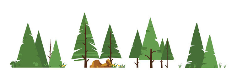 Pine tree landscape icon set, nature panorama illustration in flat style