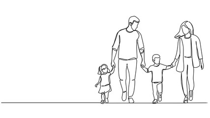 Wall Mural - animated continuous single line drawing of mom and dad with two kids walking hand in hand, line art animation