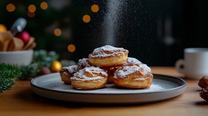 Wall Mural - Powdered sugar is sprinkled over a stack of pastries on a gray plate, set on a wooden table